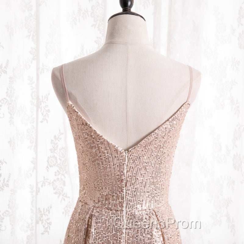Gold Sequins Sweetheart Simple Spaghetti Straps Long Party Dress, Sequins Evening Prom Dress Bridesmaid Dress