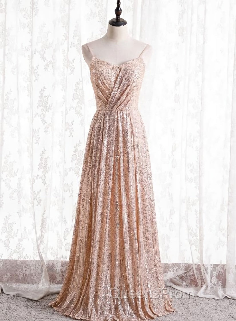Gold Sequins Sweetheart Simple Spaghetti Straps Long Party Dress, Sequins Evening Prom Dress Bridesmaid Dress Main image