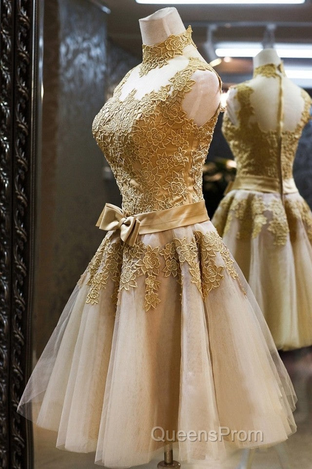 Gold Short Knee Length Lace Homecoming Dress , Short Evening Prom Dress, Pretty Formal Dress Secondary image
