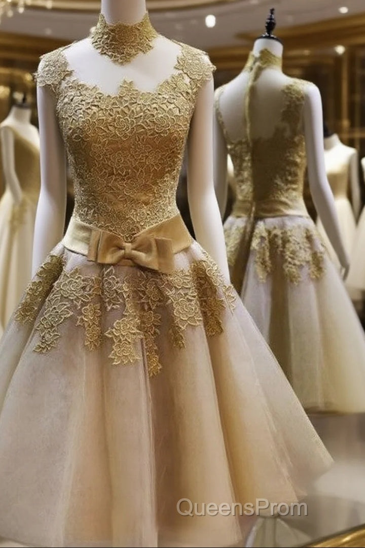 Gold Short Knee Length Lace Homecoming Dress , Short Evening Prom Dress, Pretty Formal Dress Main image