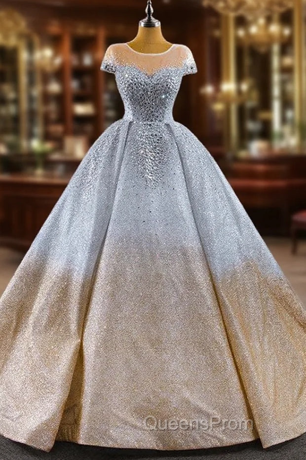 Gold Silver Ball Gown Sequins Cap Sleeve Crystal Evening Prom Dress Main image