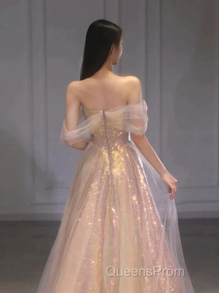 Gold Sparkle A Line Tulle Sequin Long Evening Prom Dress Secondary image