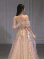 Gold Sparkle A Line Tulle Sequin Long Evening Prom Dress