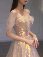 Gold Sparkle A Line Tulle Sequin Long Evening Prom Dress