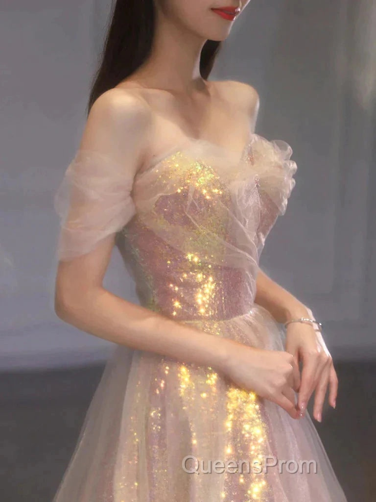 Gold Sparkle A Line Tulle Sequin Long Evening Prom Dress