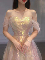 Gold Sparkle A Line Tulle Sequin Long Evening Prom Dress