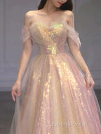 Gold Sparkle A Line Tulle Sequin Long Evening Prom Dress
