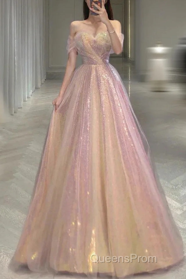 Gold Sparkle A Line Tulle Sequin Long Evening Prom Dress