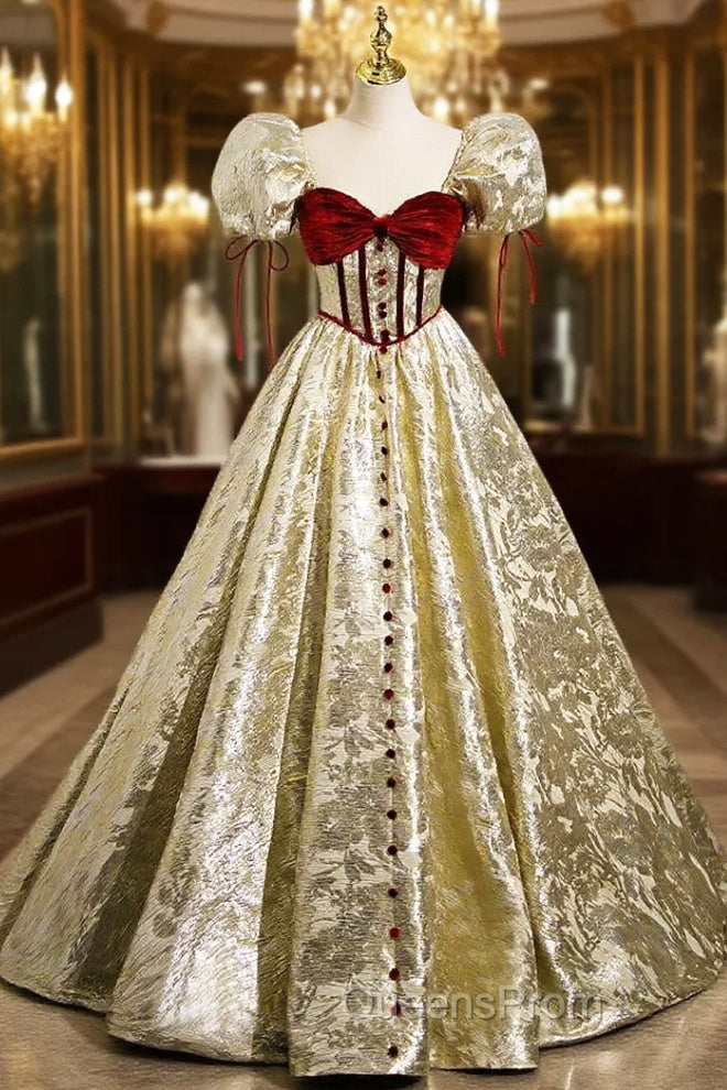 Gold Square Puff Sleeve Velvet Evening Prom Dress Main image
