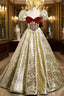 Gold Square Puff Sleeve Velvet Evening Prom Dress