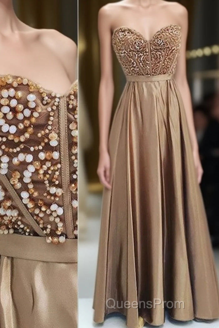 Gold Sweetheart Neck Beaded Long Evening Prom Dress, Evening Dress Main image