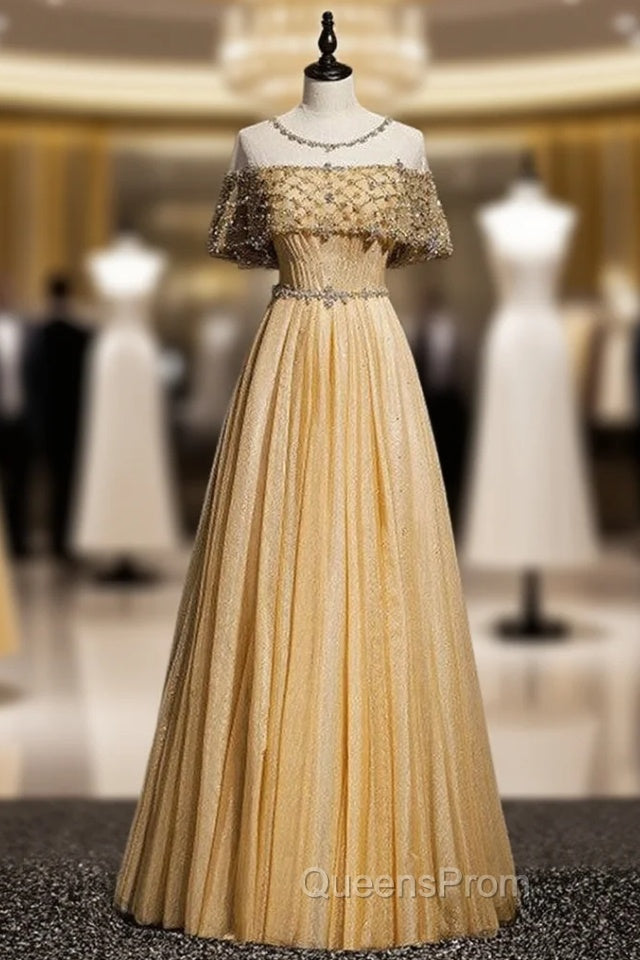 Gold Tulle Beading Sequins Lotus Leaf Sleeve Evening Prom Dress