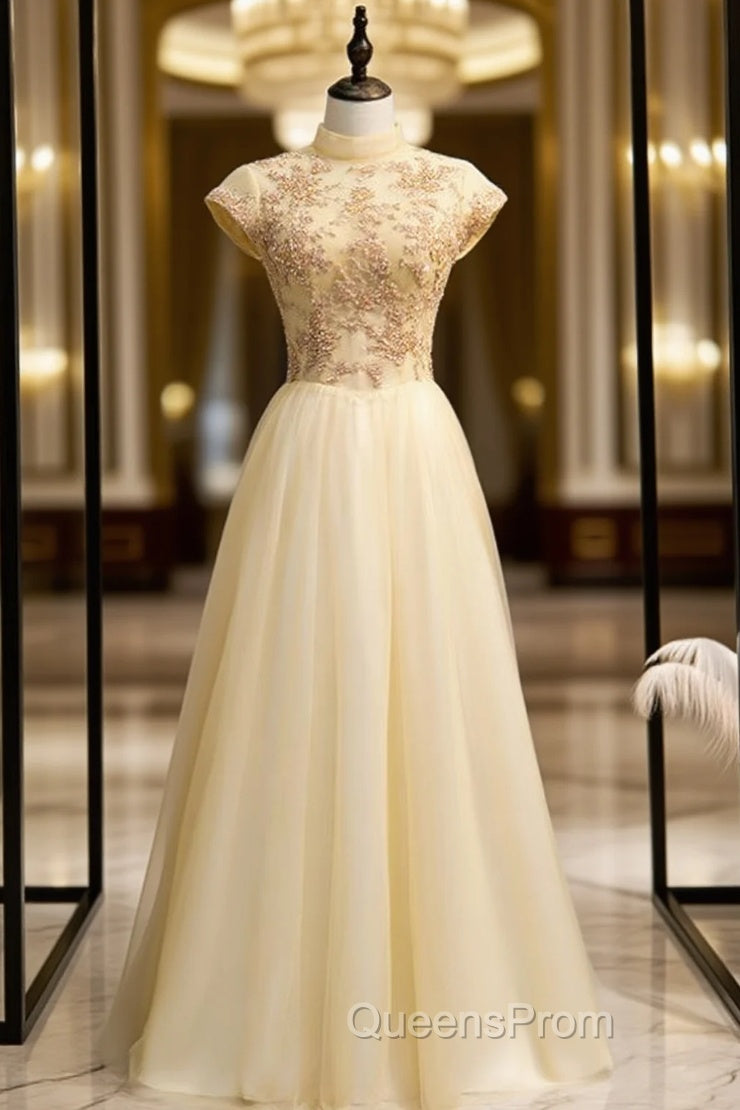 Gold Tulle High Neck Beading Open Back Evening Prom Dress Main image