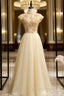 Gold Tulle High Neck Beading Open Back Evening Prom Dress
