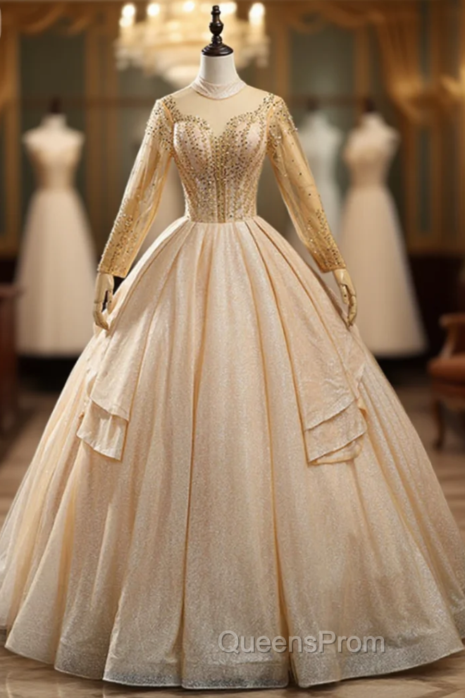 Gold Tulle High Neck Long Sleeve Beading Quinceanera Dress Main image