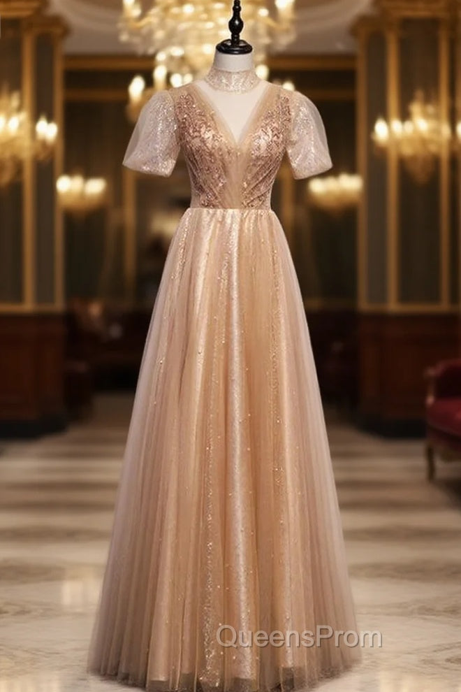 Gold Tulle High Neck Short Sleeve Beading Evening Prom Dress Main image