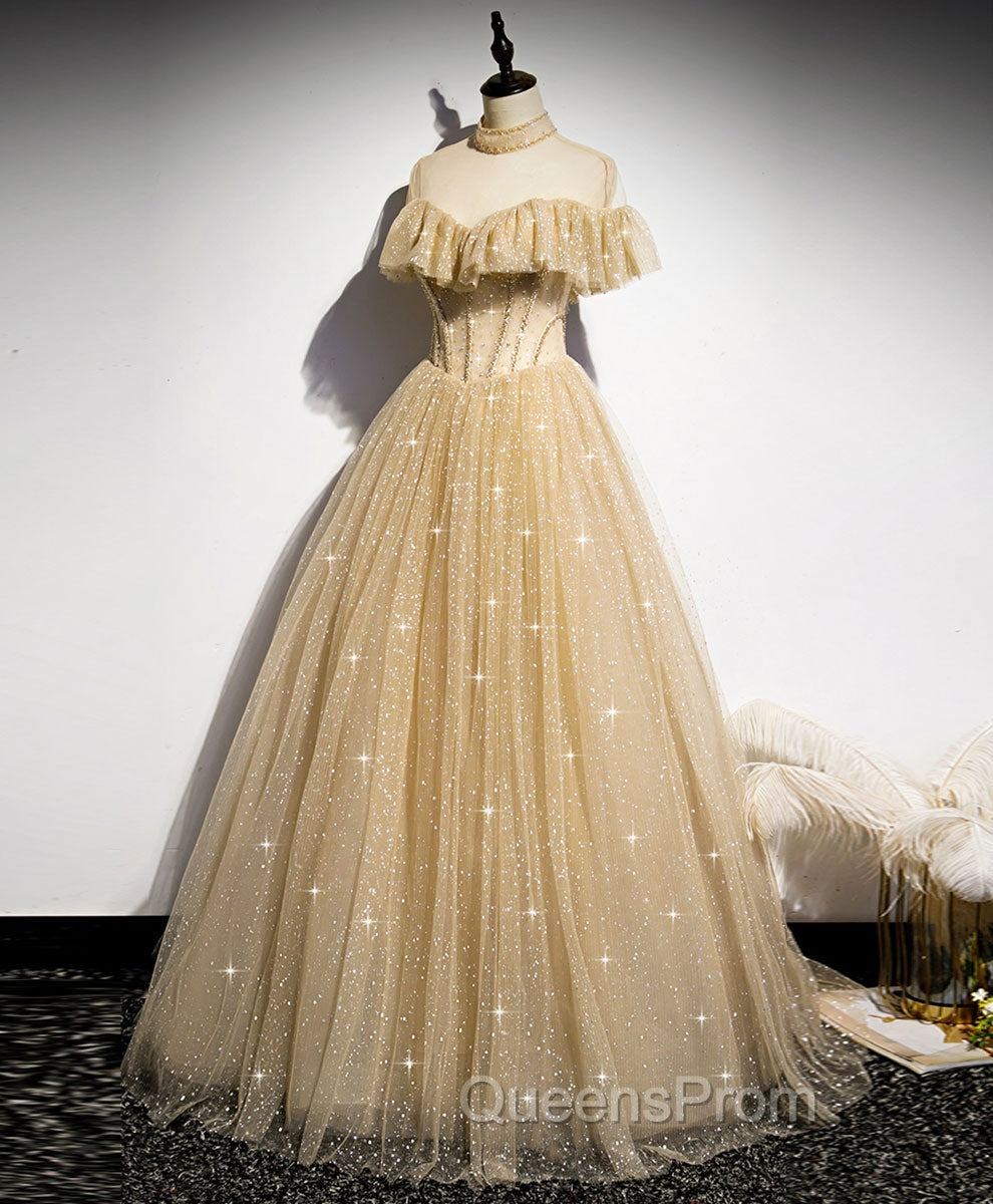 Gold Tulle Lace Long Evening Prom Dress Gold Sweet 16 Dress
