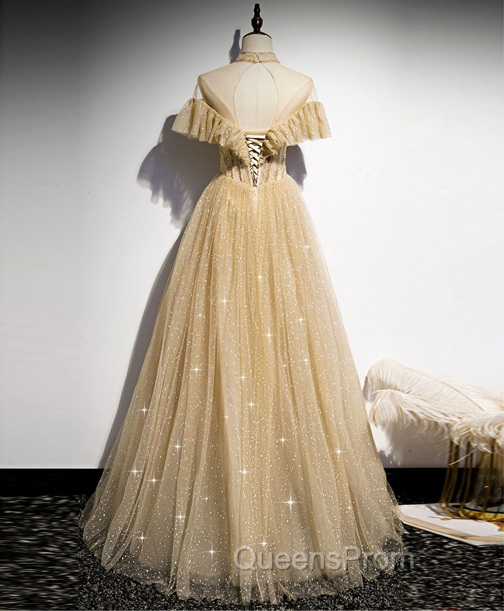 Gold Tulle Lace Long Evening Prom Dress Gold Sweet 16 Dress