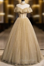 Gold Tulle Lace Long Evening Prom Dress Gold Sweet 16 Dress