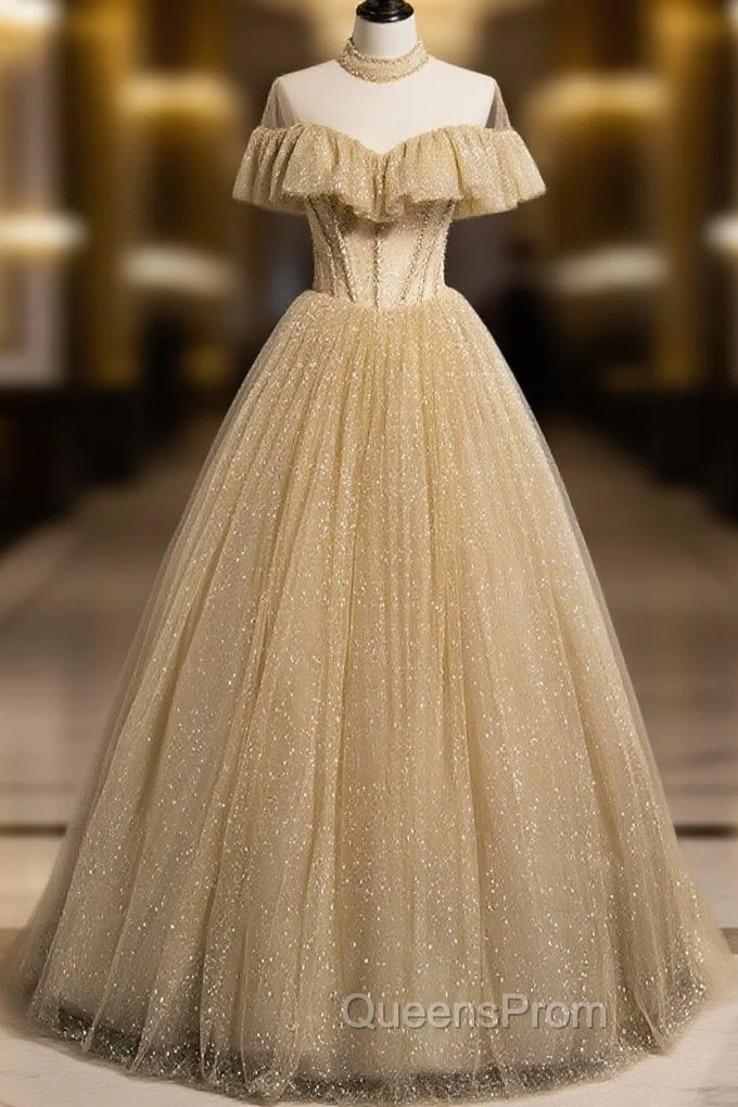 Gold Tulle Lace Long Evening Prom Dress Gold Sweet 16 Dress