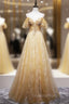 Gold Tulle Lace Sequins Appliques Backless Spaghetti Straps Evening Prom Dress