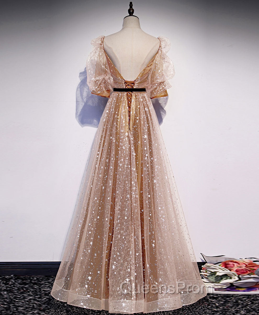 Gold Tulle Long Evening Prom Dress, A line Gold Evening Graduation Party Dress Secondary image