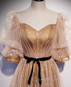 Gold Tulle Long Evening Prom Dress, A line Gold Evening Graduation Party Dress
