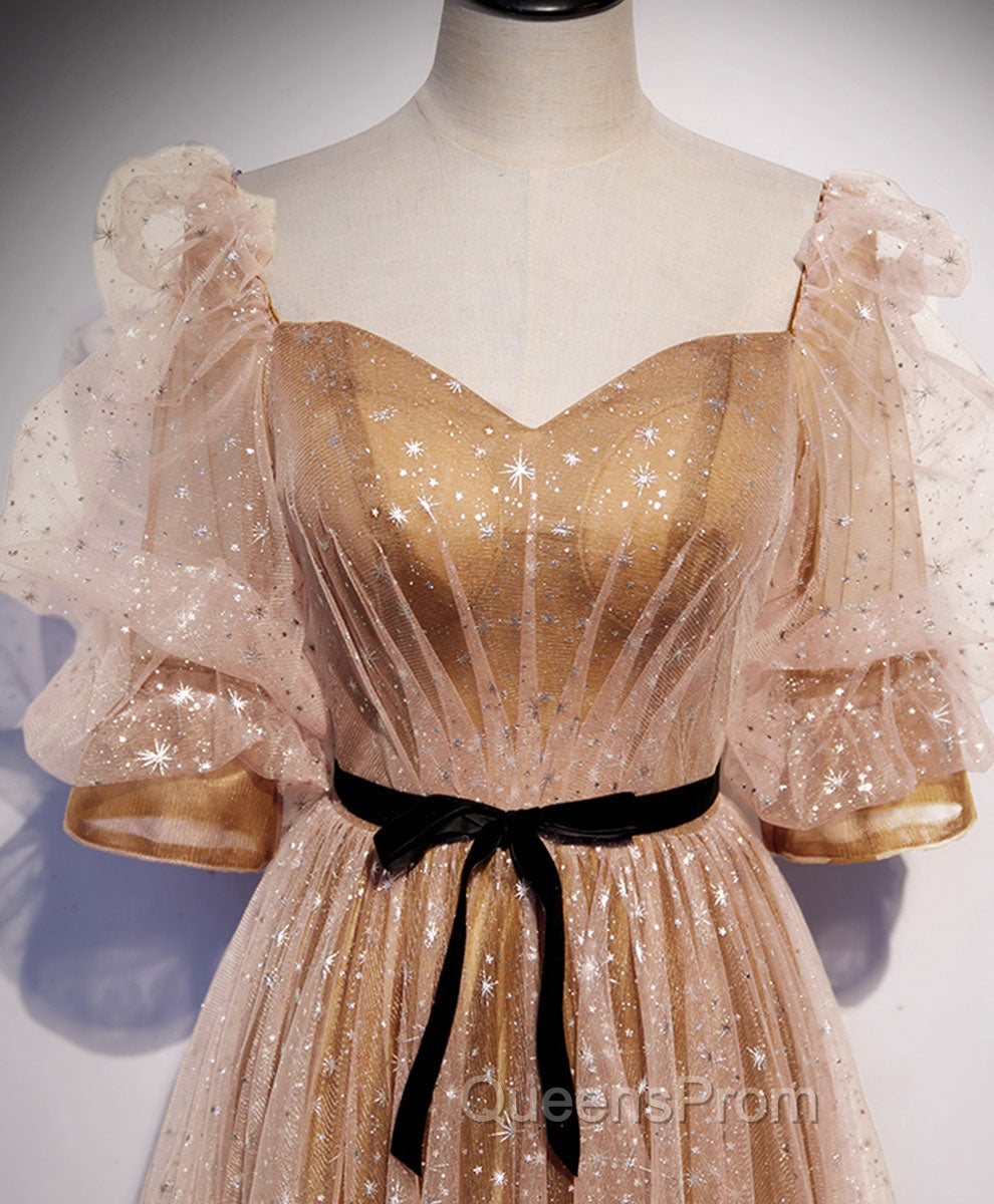 Gold Tulle Long Evening Prom Dress, A line Gold Evening Graduation Party Dress
