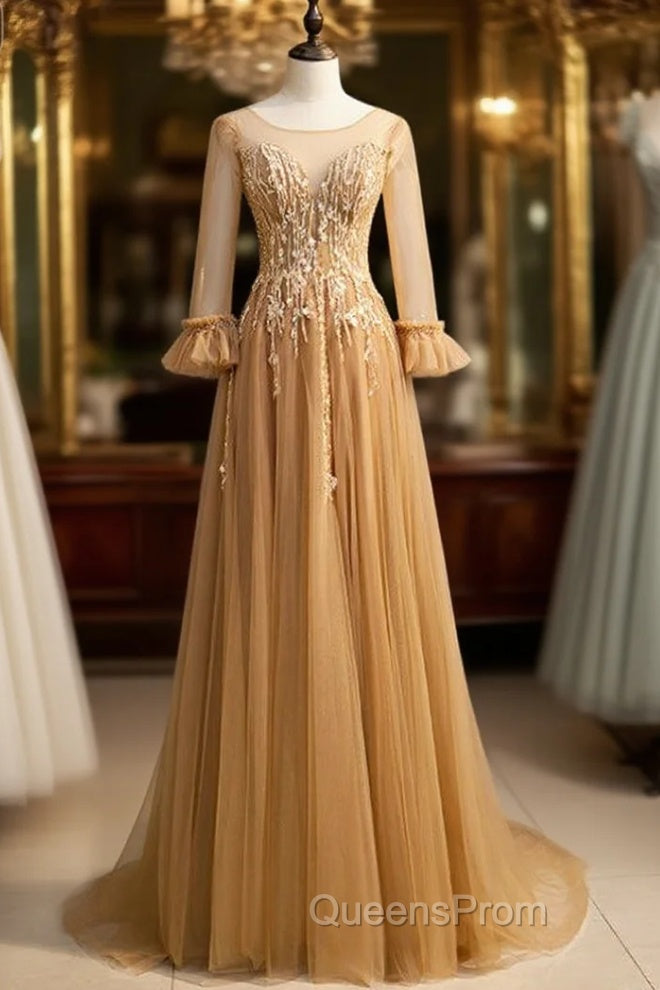 Gold Tulle Long Sleeve Backless Beading Evening Prom Dress Main image