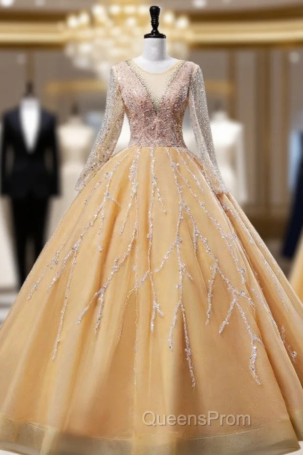 Gold Tulle Long Sleeve Sequins Beading Quinceanera Dress Main image