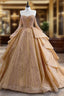 Gold Tulle Long Sleeve Sequins Evening Prom Dress