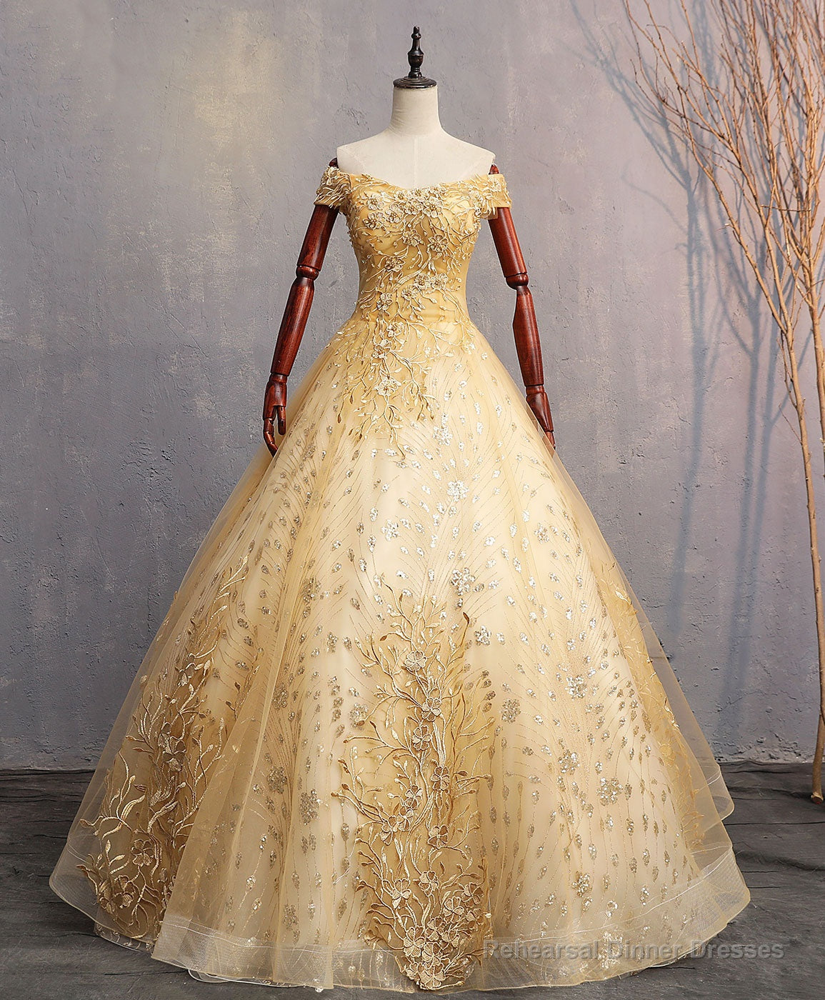 Gold Tulle Off Shoulder Lace Long Prom Dress Tulle Formal Dress Secondary image