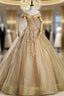 Gold Tulle Off the Shoulder Appliques Beading Quinceanera Dress
