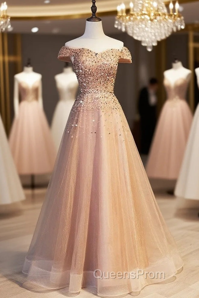 Gold Tulle Off the Shoulder Beading Sequins Evening Prom Dress Main image