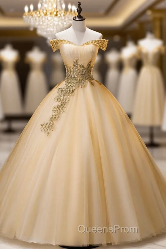 Gold Tulle Off The Shoulder Sequins Beading Quinceanera Dress Main image