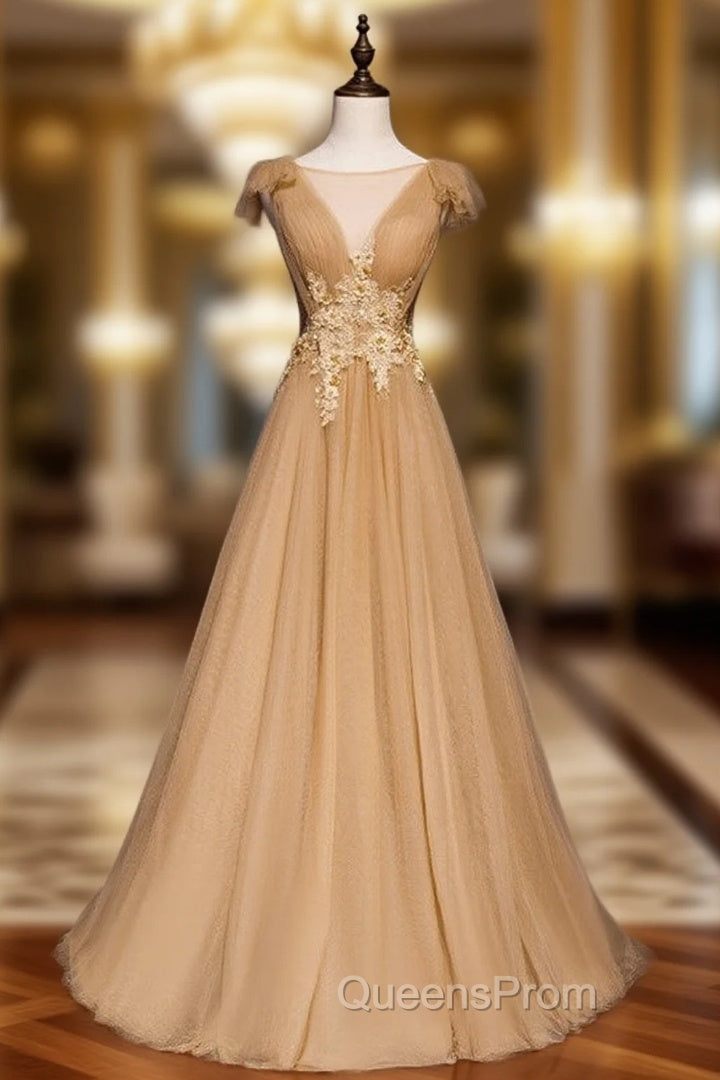 Gold Tulle Pleats Appliques Backless Evening Prom Dress Main image