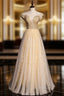 Gold Tulle Puff Sleeve Beading Sequins Backless Evening Prom Dress
