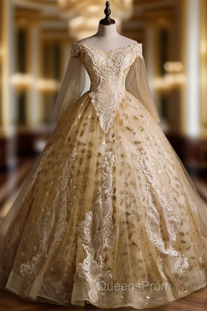 Gold Tulle Sequins Appliques Beading Quinceanera Dress