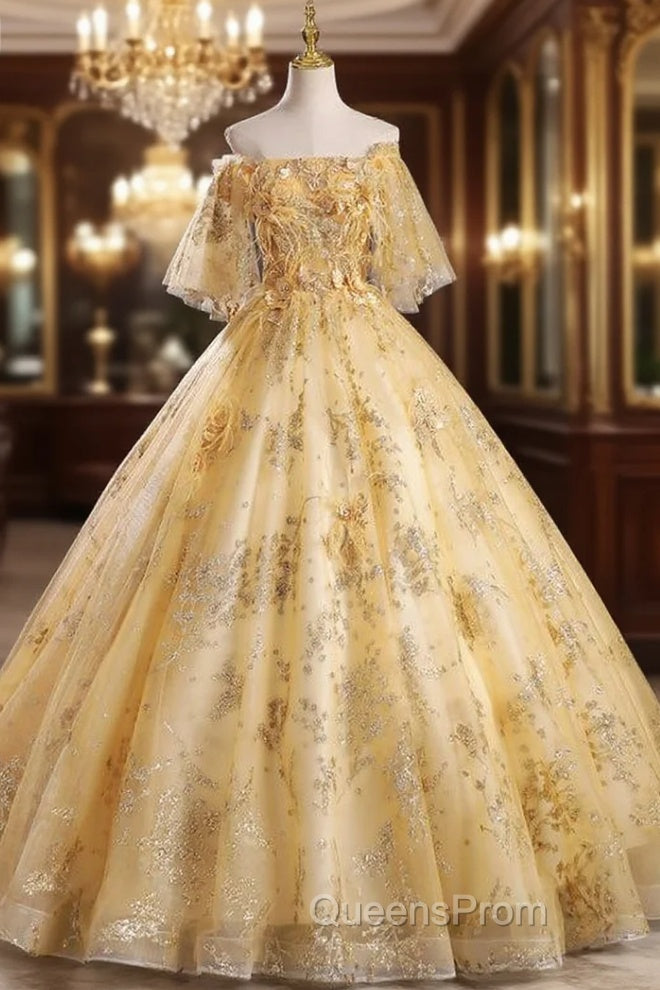 Gold Tulle Sequins Appliques Feather Quinceanera Dress Main image