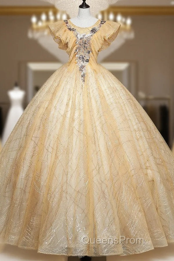 Gold Tulle Sequins Appliques Quinceanera Dress