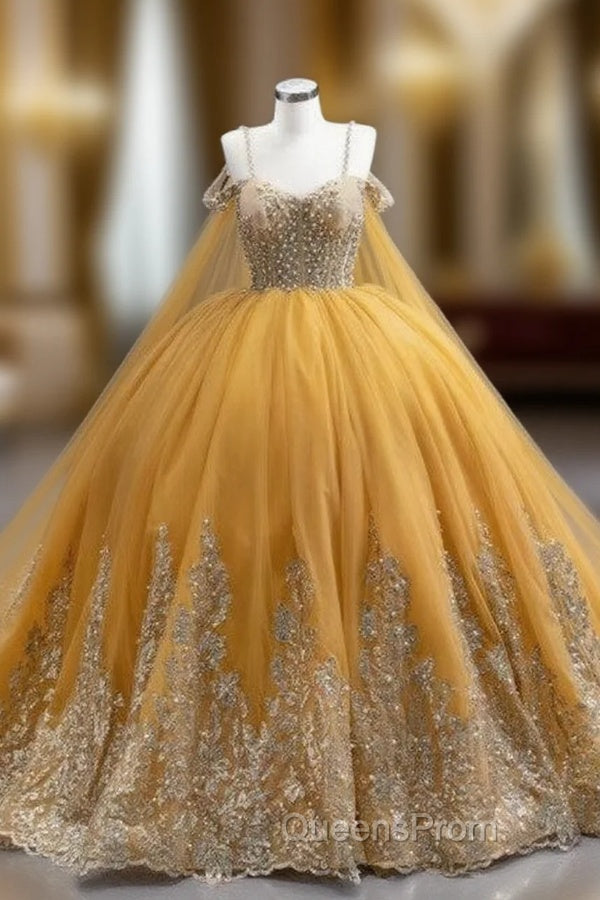 Gold Tulle Sequins Appliques Spaghetti Straps Pearls Evening Prom Dress