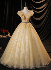 Gold Tulle Sequins Appliques V-neck Quinceanera Dress