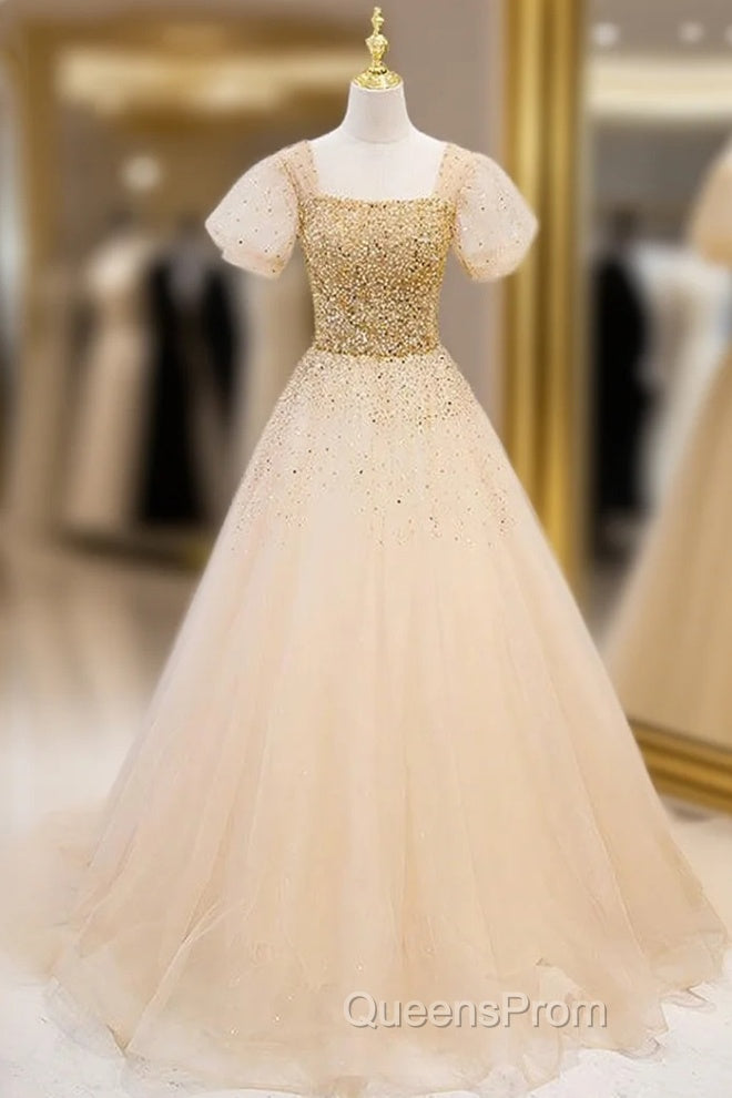 Gold Tulle Sequins Beading Puff Sleeve Evening Prom Dress Main image