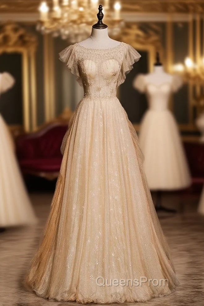Gold Tulle Sequins Beading Sleeveless Evening Prom Dress Main image
