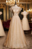 Gold Tulle Sequins Beading Sleeveless Evening Prom Dress