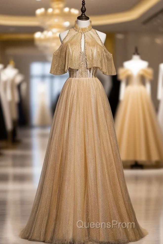 Gold Tulle Sequins Beading Strapless Evening Prom Dress Main image
