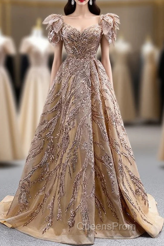 Gold Tulle Sequins Beading V-neck Evening Prom Dress