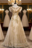 Gold Tulle Sequins Cap Sleeve Scoop Evening Prom Dress