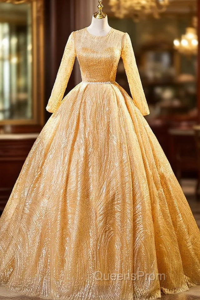 Gold Tulle Sequins Long Sleeve Quinceanera Dress
