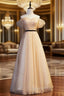 Gold Tulle Sequins Off the Shoulder Pearls Evening Prom Dress